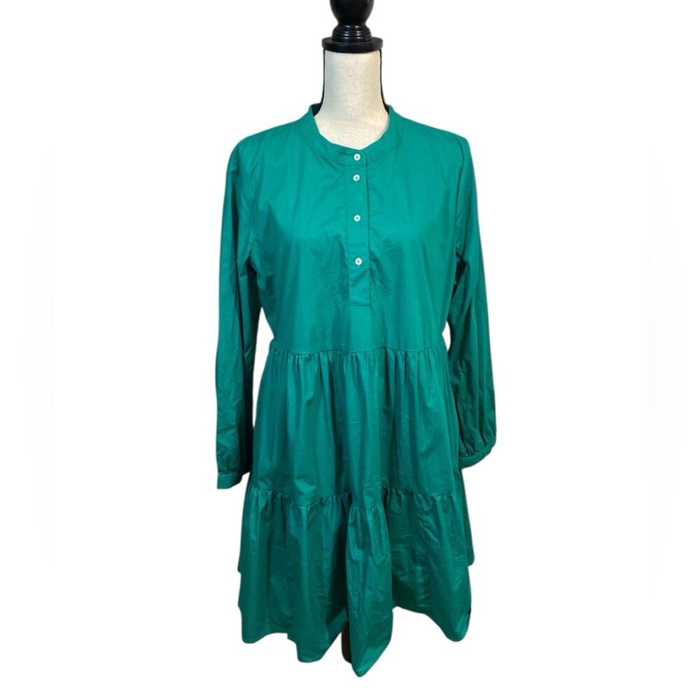 J. Crew Green Stretch Cotton Poplin Long Sleeve Tiered Dress Size Large